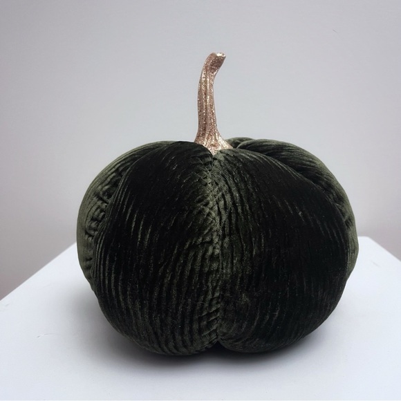 Emerald Green Ribbed Velvet Gold Sparkly Stem Pumpkin Plush Fall Home Decor - Picture 2 of 11
